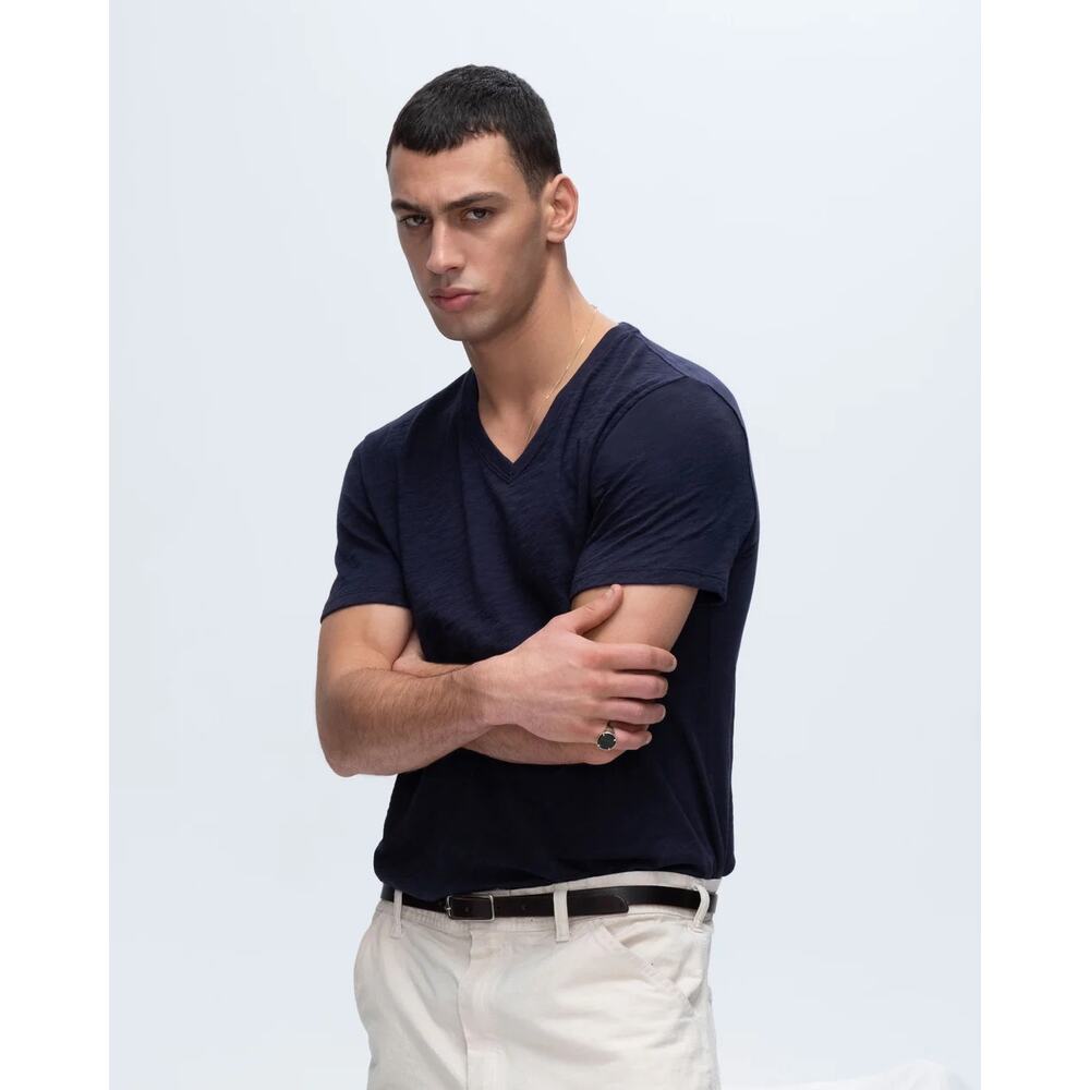 ATM Men's Short Sleeve Slub Jersey V-Neck Tee T-Shirt Navy Size Medium